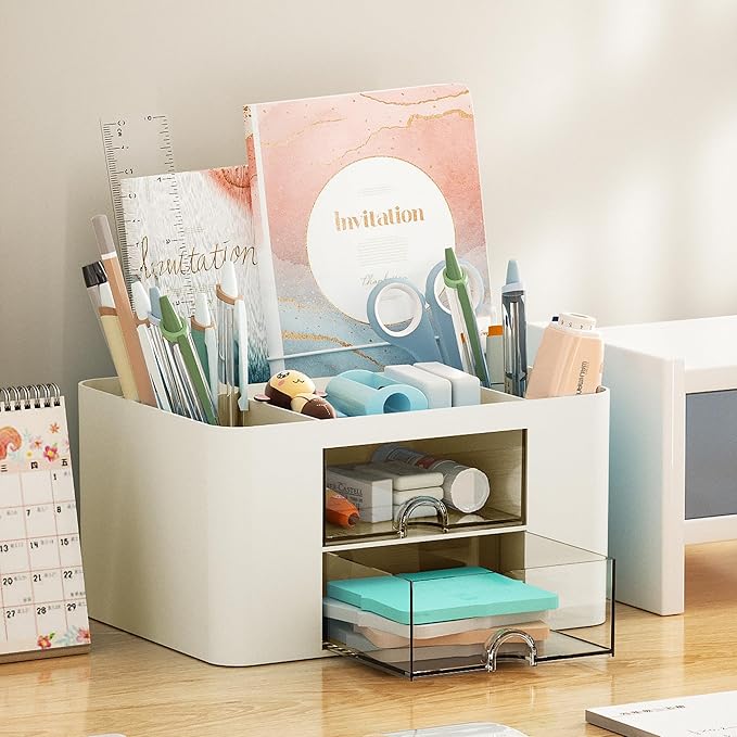 Marbrasse Pen Organizer with 2 Drawer, Multi-Functional Pencil Holder for Desk, Desk Organizers and Accessories with 5 Compartments + Drawer for Office Art Supplies (Beige)