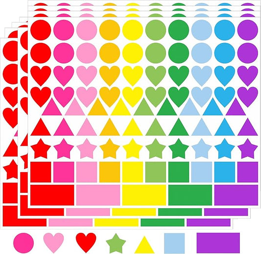 2016 PCS Colored Shape Stickers 10 Colors 6 Shape Dot Stickers Color Coding Labels for Classroom,Office,Etc(Round,Hearts, Stars,Triangle,Square,Rectangle)