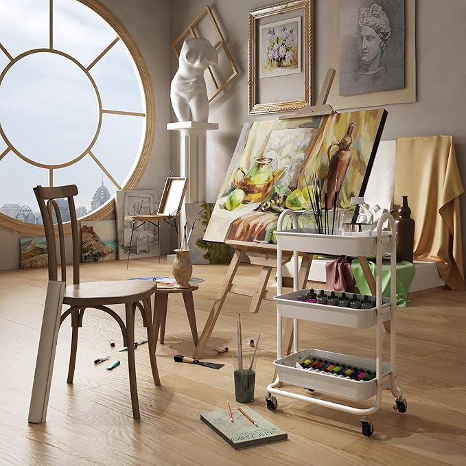 3-Tier White Utility Rolling Cart,Kitchen Storage Carts with Wheels,White Metal Rolling Cart for Office,Home,Kitchen,Garden（18"x11.4"x31.2"）