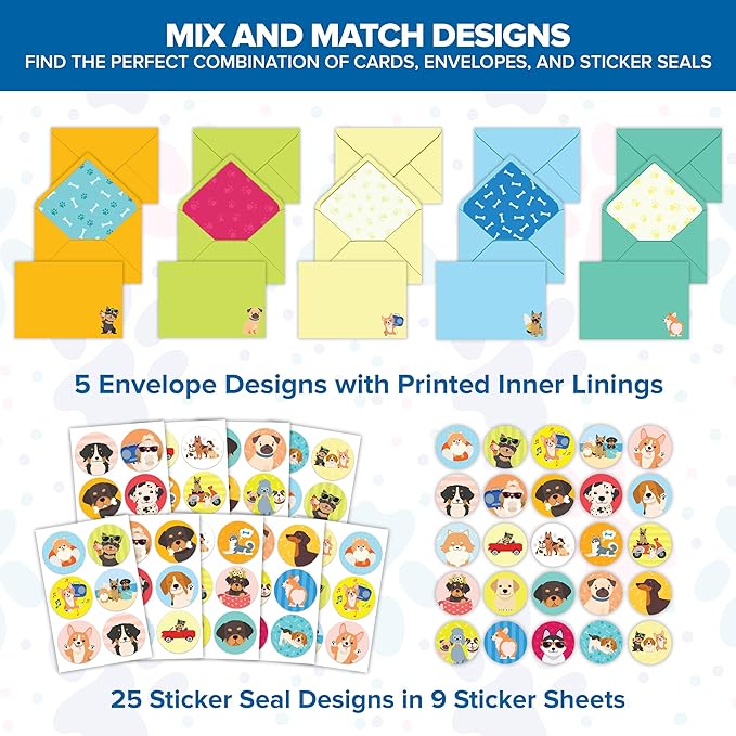 Decorably 50 Pack 6x4in Dog Blank Cards with Envelopes and Stickers, 25 Adorable Designs Blank Dog Note Cards with Envelopes - Baby Shower, Kid's Party, Birthday