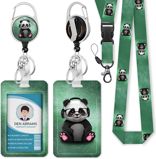 ID Badge Holder with Lanyard, Cute Badge Holder with Retractable Heavy Duty Badge Reel Clip, Panda Name Tag Lanyard Vertical ID Card Protector Cover for Women Teacher Nurses Doctor Student