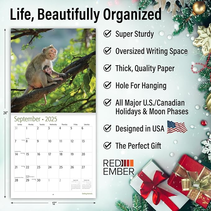 RED EMBER Smiling Animals 2025 Wall Calendar 12 Month | 12" x 24" Open | Thick & Sturdy Paper | Giftable | Calendar 2025