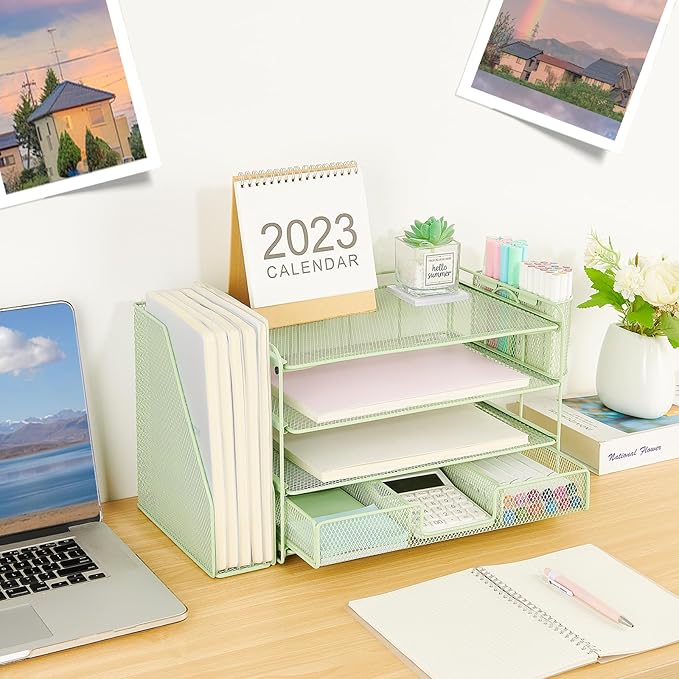Desk Organizers and Accessories, Desk Accessories & Workspace Organizers for Office Supplies, File Organizer Desk Drawer Organizer with 2 Pen Holders, 4 Tier Paper Organizer for Desk(Green)