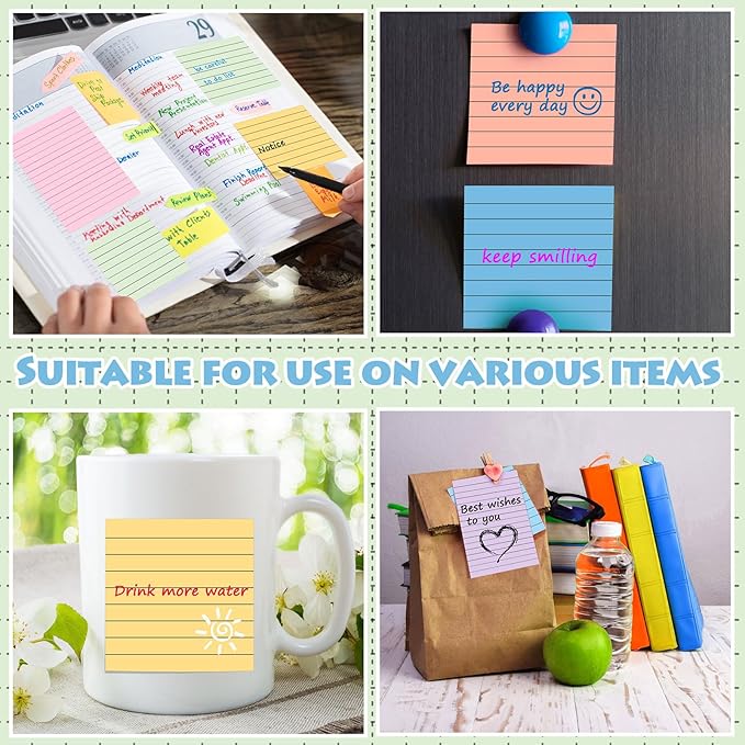 Yexiya 64 Pcs Lined Sticky Notes Self Stick Notes with Lines Bright Assorted Colors Sticky Notes for Home Office Products Post Memos, 1920 Sheets(4 x 6 Inch, 3 x 3 Inch,Fresh Color)