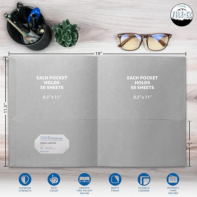 FILE-EZ Two-Pocket Folders, Gray, 25-Pack, Textured Paper, Letter Size (EZ-32530)