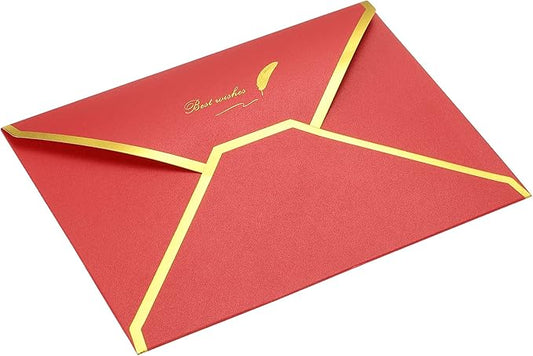 PATIKIL V Flap Envelopes, 10 Pack 7 x 5'' Luxury Style Gold Border Greeting Card Envelope for Invitations Weddings, Red