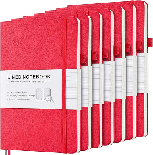 MALEDEN 7 Pack Lined Journal Notebook, Hardcover PU Leather Notebook for Men Women, 100 GSM Thick Numbered Pages with Index Content, Inner Pockets, Bookmarks, A5 Ruled Writing Journal Bulk (Red)