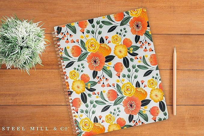 Steel Mill & Co Cute Large Spiral Notebook College Ruled, 11" x 9.5" with Durable Hardcover and 160 Lined Pages, Orange Floral