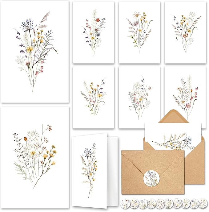AUDREE 20 Pack Blank Cards and Envelopes 4x6 - Watercolor Wildflowers Blank Greeting Cards with Envelopes and Matching Sticker - Blank Note Cards and Envelopes for All Occasions