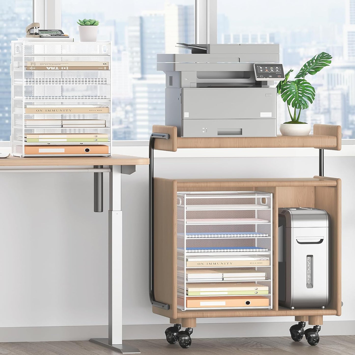 SUBEKYU 9 Tier Paper Letter Tray Desk Organizer with Handles - White Metal Mesh File Holder Paper Sorter Desk Organizer for Office Home School, Include 6 Pcs Adjustable Slid Tray, 6 Colors Available