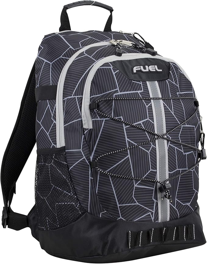 FUEL Hiking Backpack for Women Men Terra Sport, Travel, College, Gym, Work with Laptop Sleeve, Bungee, 18 Inches, Black Geometric