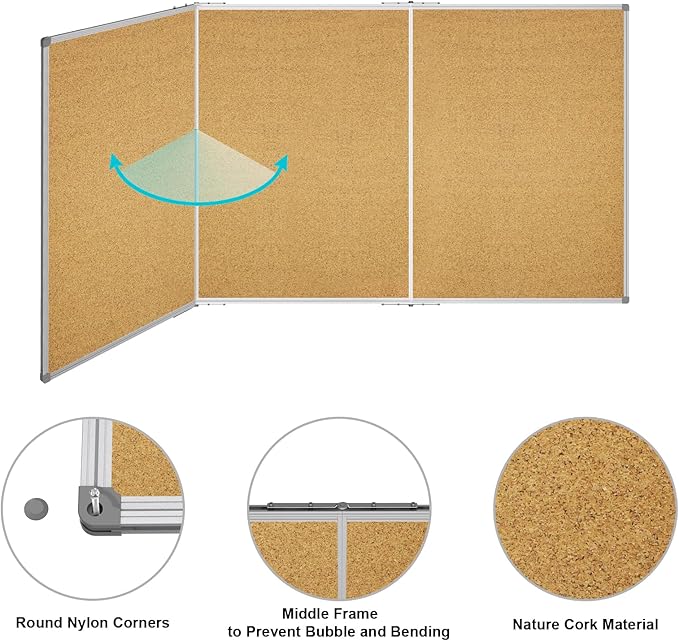 Lockways Large Cork Board Bulletin Board, Bulletin CorkBoard 118 x 48 Inch, Foldable Cork Message Notice Board with Silver Aluminium Frame for School, Home & Office