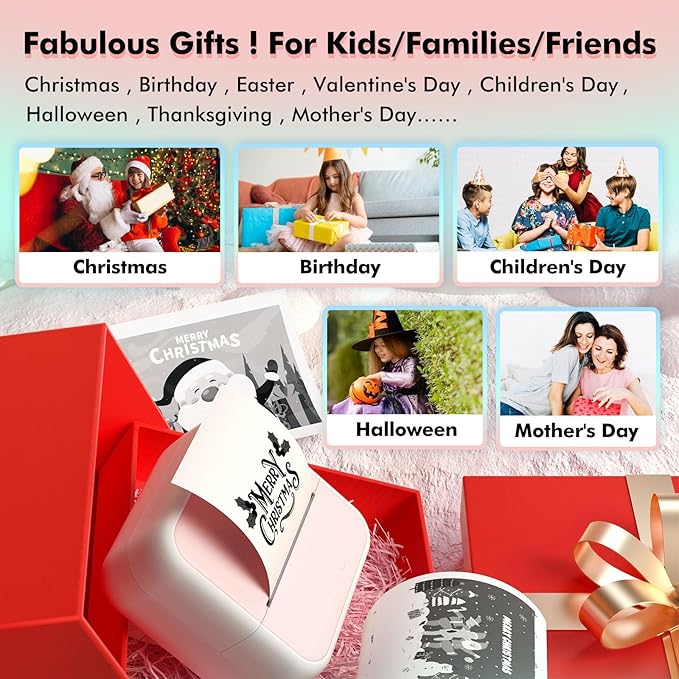 Mini Printer Sticker Printer Bluetooth for Phone Portable Thermal Print for Photo,Note,Journal,Memo,with 6 Rolls Thermal Paper（Pink）