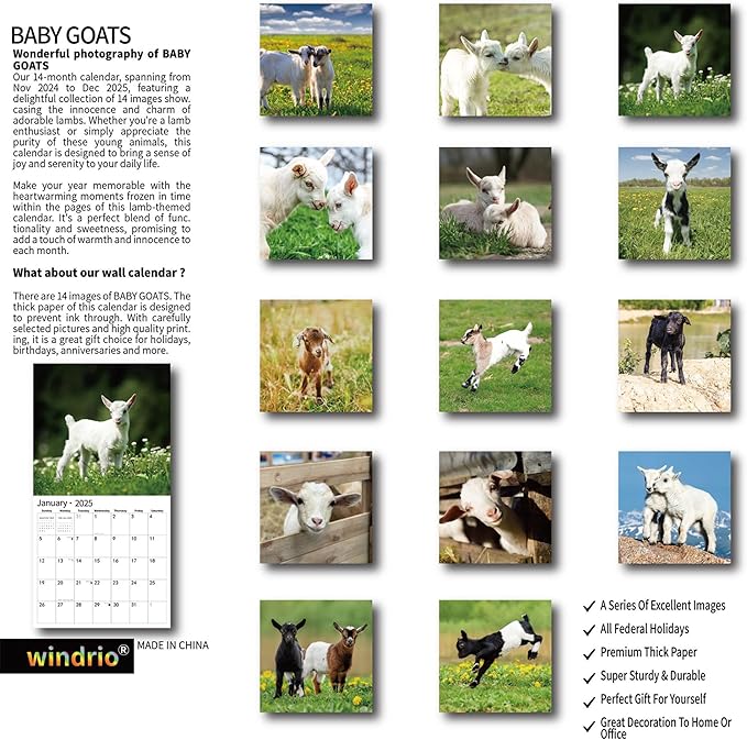 2025 Wall Calendar,Calendar 2025, November 2024 - December 2025, Wall Calendar Baby Goats, 12" x 24" Opened,Full Page Months Thick & Sturdy Paper for Calendar Organizing & Planning