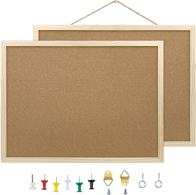 2 Pack Cork Board Bulletin Board, 15.7"X 11.81" inches with Oak Wood Finish Frame, for Wall Office Home and School (Pins, Eye Bolts, gaskets, Screws)