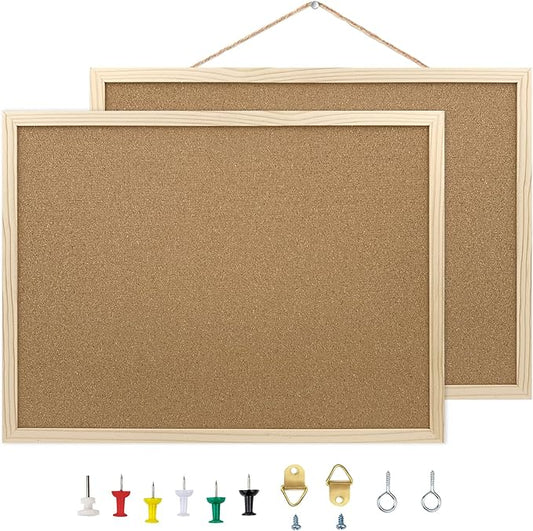 2 Pack Cork Board Bulletin Board, 15.7"X 11.81" inches with Oak Wood Finish Frame, for Wall Office Home and School (Pins, Eye Bolts, gaskets, Screws)