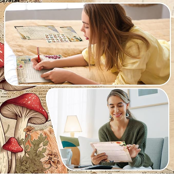 TaoBary 160 Packs Stationery Paper Set (50 Double Sided Stationery Writing Papers 50 Matching Envelopes) 60 Round Dot Sticker, 10 Design(8.5 x 11 Inch,Nature Vintage Style)