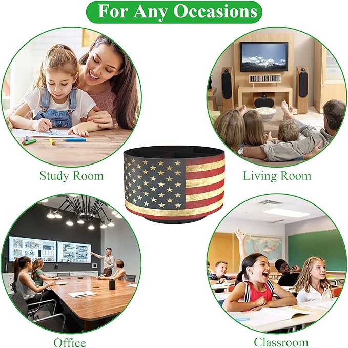 Hennaja Round Leather Art Supply Organizer,Remote Control Holder,360 Degree Rotating,Multi-Functional Pencil Holder,4 Compartments Desktop Stationary Organizer(1-American Flag)