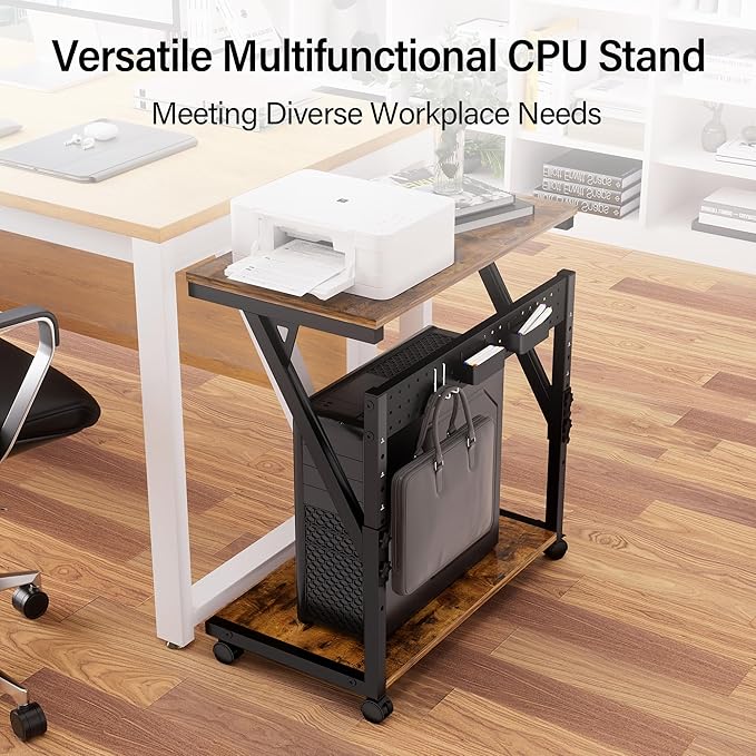 Computer Tower Cart - Height Adjustable PC Stand, 2-Tier ATX-Case CPU Holder Home Office Gaming Desk Accessories with Rolling Lockable Wheels, Laptop Table Standing Computer Desk, Rustic Brown