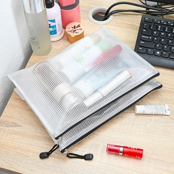 AUSTARK 10 Pcs Zipper File Bags, Waterproof Plastic Mesh Pouch for Office School, Board Game Storage Bags (B5 Size 11.4''x8.2'', White and Black)