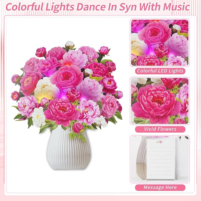 Flower Bouquet Birthday Cards with MUSIC & LIGHTS, 3D Pop Up Greeting Cards, 12 Inch Life Sized Peony Flower Bouquet Mothers Day Cards for Mom Women Sister Daughter Grandma