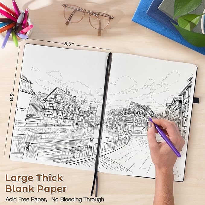 Blank Notebook, Hardcover Sketch Book, 8.5 x 5.5 Large Blank Journal, No Bleed Thick Paper Sketchbook for Drawing, Unlined Notebook Journal for Women Men School, A5 Leather Sketchbook, Lay Flat, Brown