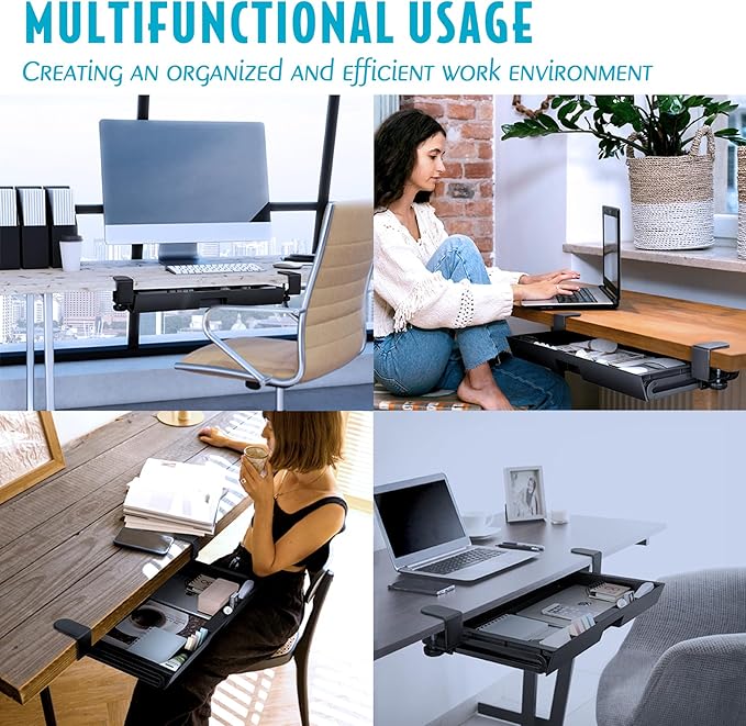 EHO Large Under Desk Slide Out Storage Drawer, Adjustable Sturdy C-Clamp Tray, 20x11.8 inch Pull Out Drawer, Smooth Sliding Rail Design for Keyboard Mouse Desk Extender Organizer for Home/Office Black