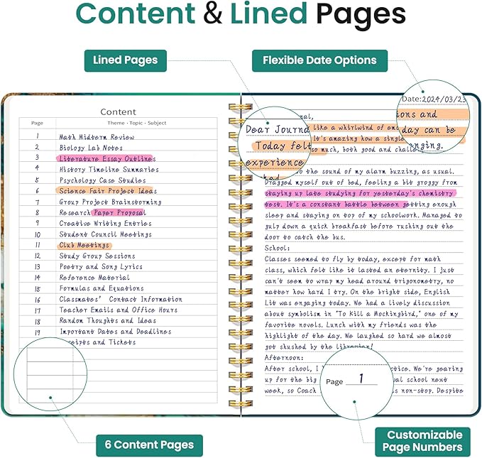 Lined Spiral Journal Notebook for Women, A5 College Ruled Journals for Writing, Hardcover Notebooks for Work, Note taking and Office School Supplies,140 Pages - Emerald Shores