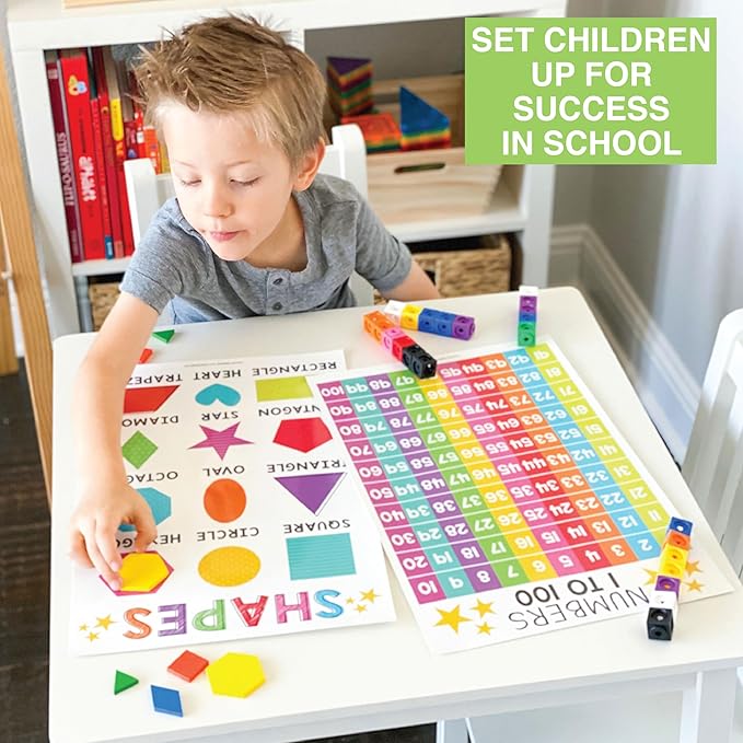 Hadley Designs 16 Educational Posters for Classroom & Kindergarten, Kindergarten Classroom Must Haves, Laminated PreK Learning Chart Materials US & World Map, ABC Alphabet, Shapes, Days of the Week