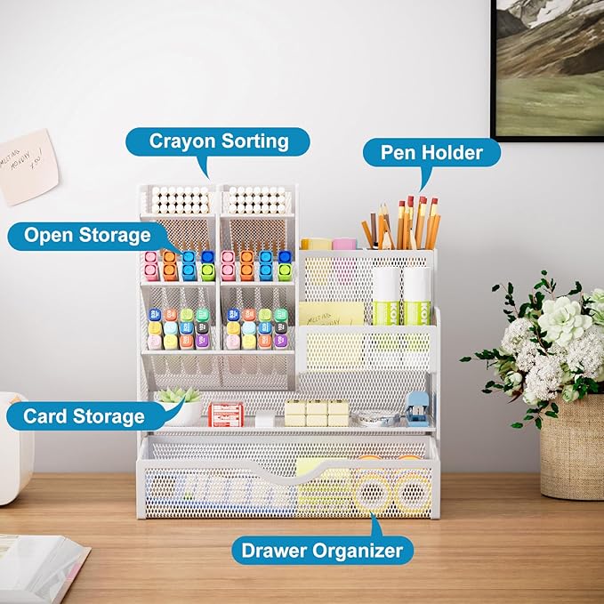 Marbrasse Mesh Pen Holder for Desk, Desk Organizer with Drawer, Multi-Functional Pencil Organizer, Desk Organizers and Accessories for Office Art Supplies (White)