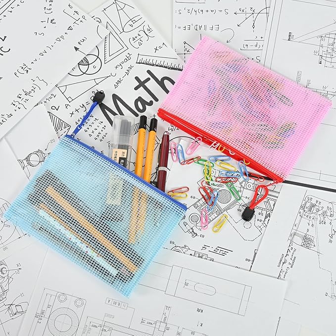 AUSTARK 10 Pcs Zipper File Bags, Waterproof Plastic Mesh Pouch for Office School, Board Game Storage Bags (B6 Size 7.6''x5.3'', Multicolored)