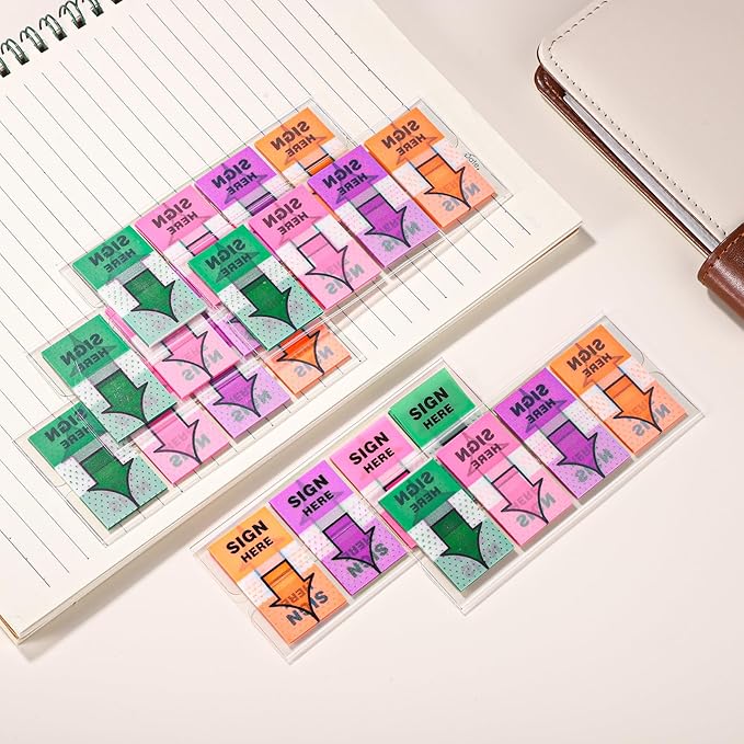 600pcs/6 Packs Sign Here Tabs, Arrow Labels Stickers Sticky Signature Tags Adhesive Message Flags for Documents Notebooks Home Office School Supplies (Orange, Purple)
