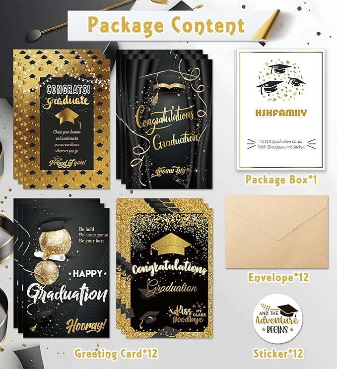Graduation Cards, Graduation Gifts for Her Him, Black and Gold, Congratulations Grad with Envelope Sticker - Blank Inside