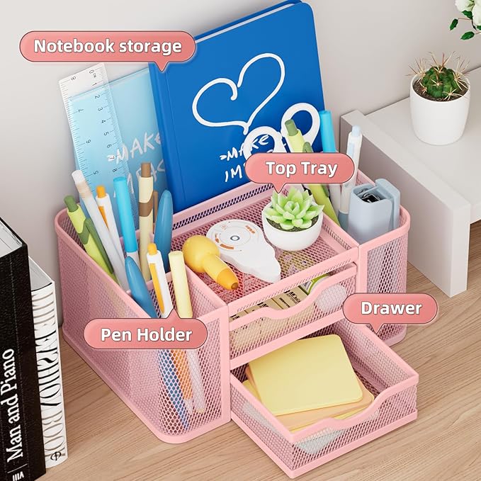 Marbrasse Mesh Desk Organizer, Pen Organizer with 2 Drawer, Multi-Functional Pencil Holder for Desk, Desk Organizers and Accessories with 5 Compartments + Drawer for Office Art Supplies (Pink)