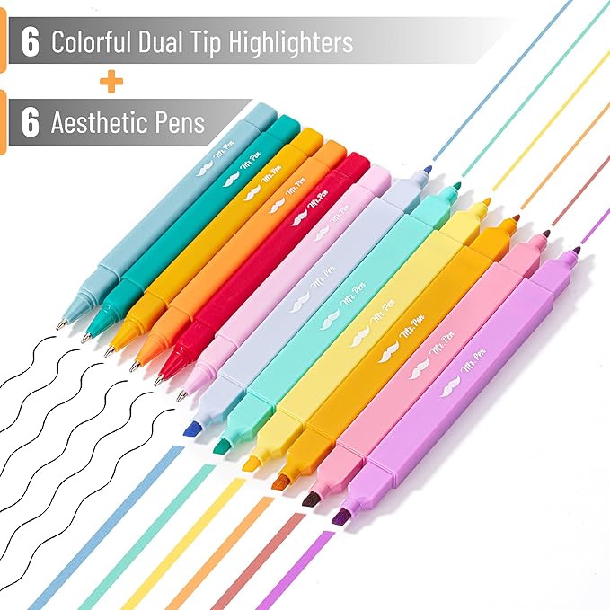 Mr. Pen- Dual Tip Aesthetic Highlighters and Pens No Bleed, 12Pack, Assorted Colors Bible Highlighters No Bleed Highlighters for Bibles, Black Ink Bible Pens No Bleed Through Ballpoint Pens Ballpoint
