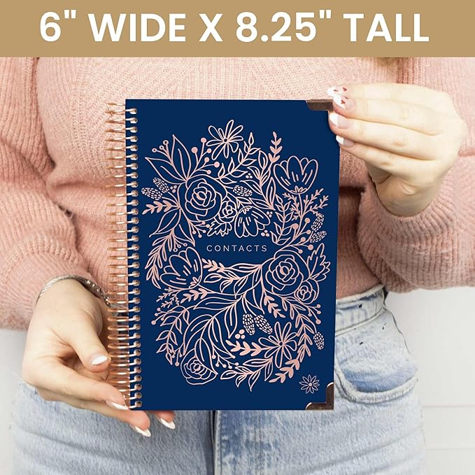 bloom daily planners Hardcover Contacts Address & Password Book - Alphabetical Organizer with Tabs - 6" x 8.25" - Navy Embroidery