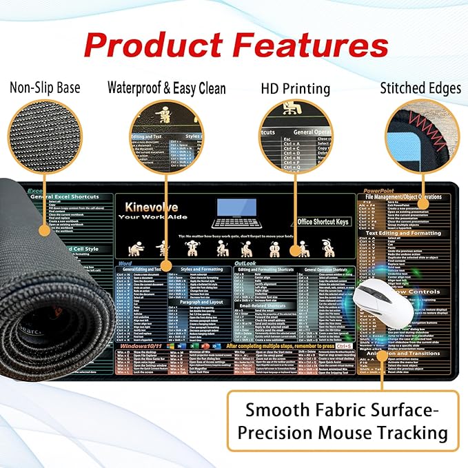Excel,Word,Outlook,Windows,PowerPoint Cheat Sheet Mouse Pad,Extended Large XXL Office Shortcut Keyboard Desk Pad,Non-Slip Accessories Desk Mat 35.4" x 15.7"