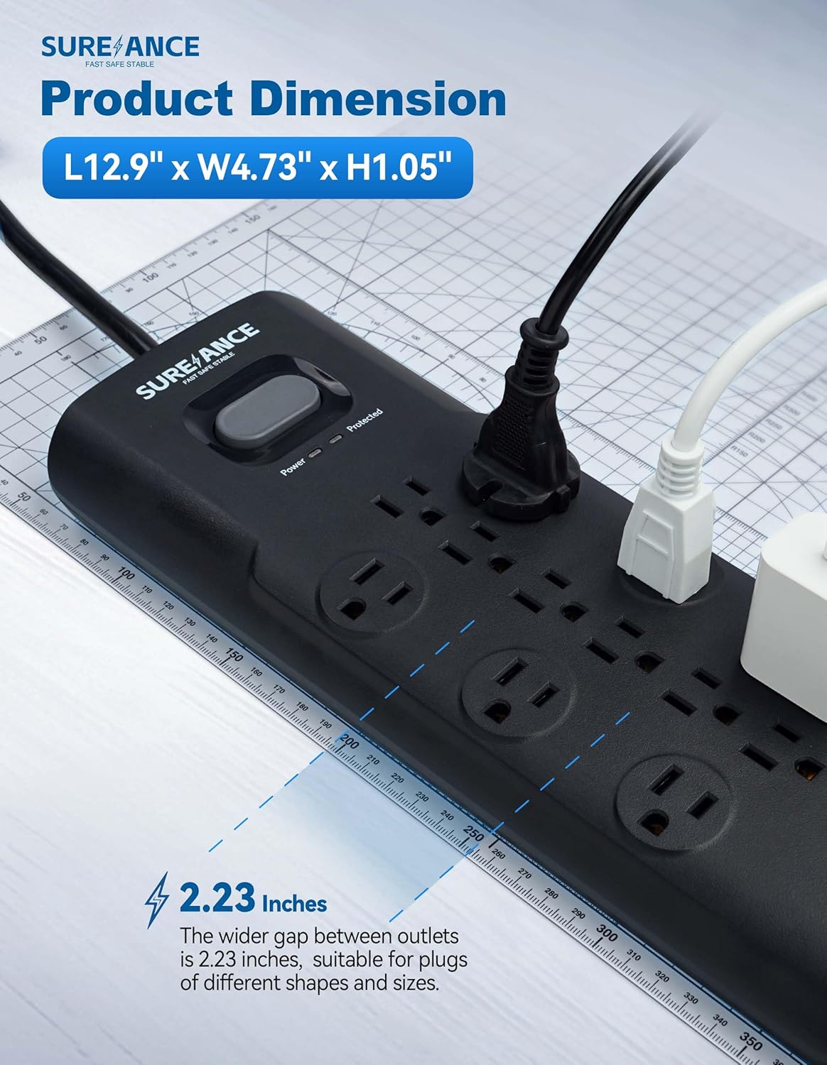 Surge Protector Power Strip, SUREANCE Surge Protector with 12 Outlets and 4 USB Ports, 20W PD USB-C Fast Charging for Home, Office, 4100 Joules, Flat Plug, 6 Feet Extension Cord, ETL Listed