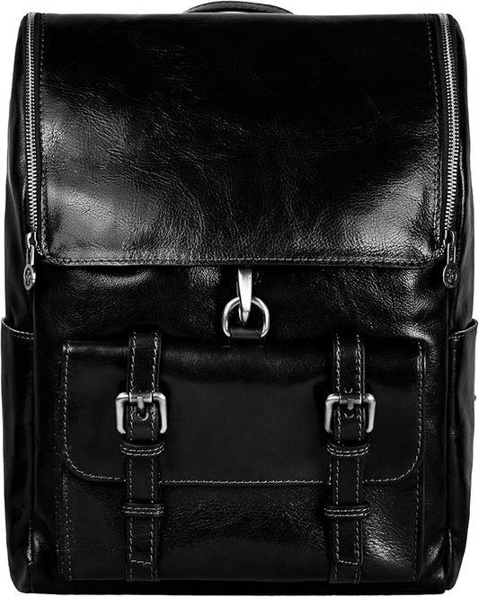 Time Resistance Leather Backpack up to 15 in Laptop Travel Bag Rucksack (Black)