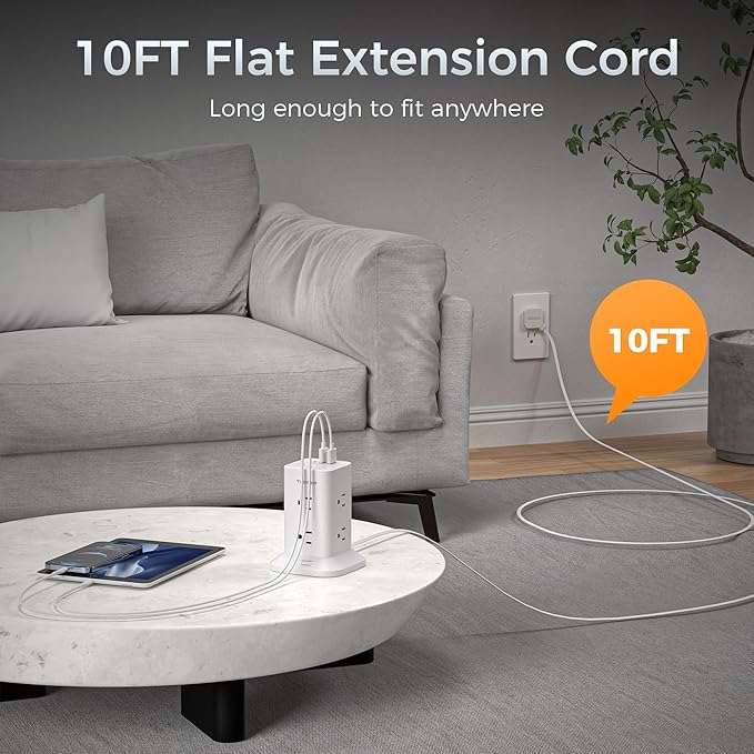 Surge Protector Power Strip Tower 10 FT, TESSAN Flat Plug Extension Cord with 8 AC Outlets 3 USB Ports (1 USB C), 1700J Protection Desk Charging Station for Home, Office Supplies, Dorm Room Essentials