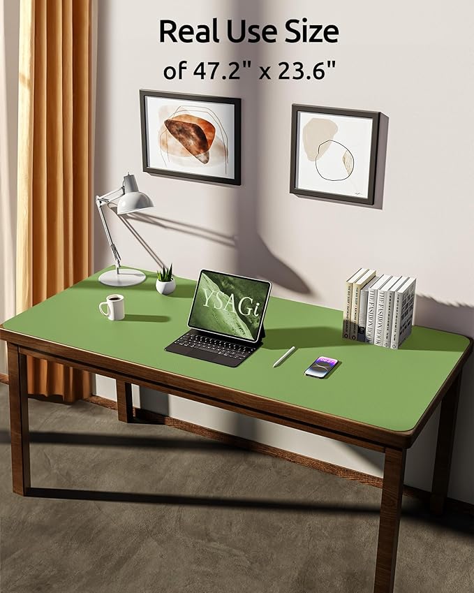 YSAGi Leather Desk Protector, Office Mat, Large Mouse Mat, Non-Slip PU Leather Blotter, Laptop Desk Pad, Waterproof Writing Pad for Office and Home (Leaf Green, 47.2" x 23.6")