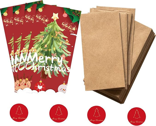 Christmas Cards Christmas Money Cards with Kraft Envelopes - 10 Cards with 10 Kraft Envelopes 10 Festive Holiday Stickers -Red Card-GreenTree