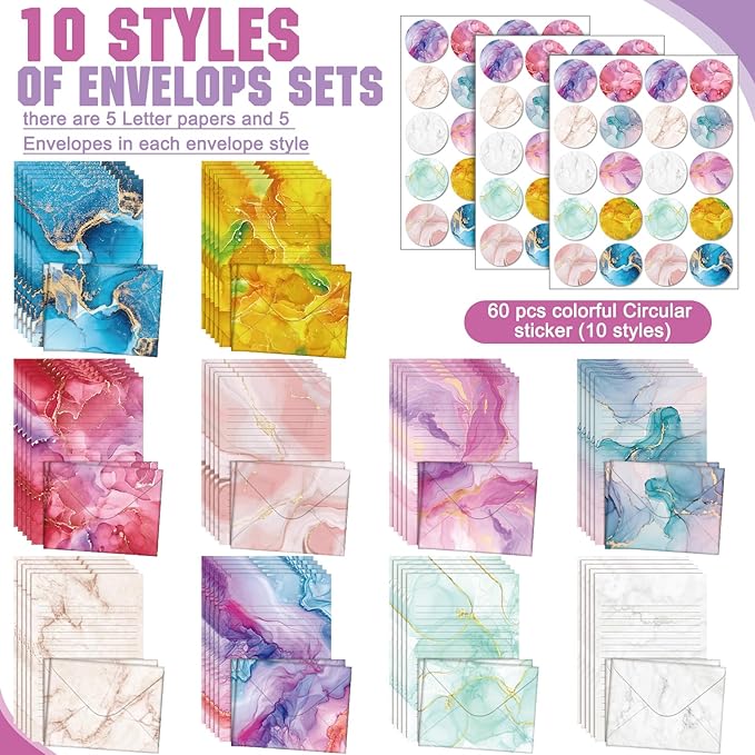 TaoBary 160 Packs Stationery Paper Set (50 Double Sided Stationery Writing Papers 50 Matching Envelopes) 60 Round Dot Sticker, 10 Design(Marble,5.5 x 8.25 Inch)