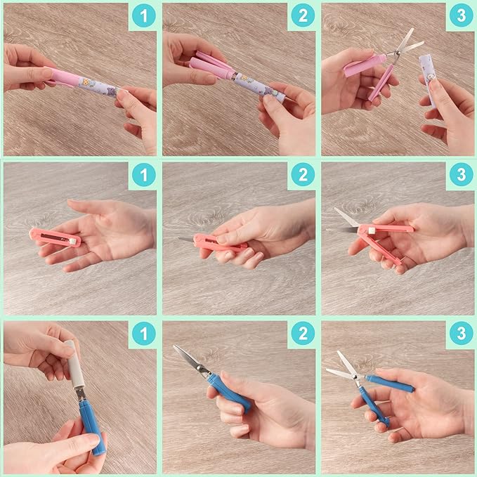 JubileeYarn Portable Travel Safety Scissors, Pen & Push Folding Style - Garden Kitty Pen, Light Blue Pen, Grey Push