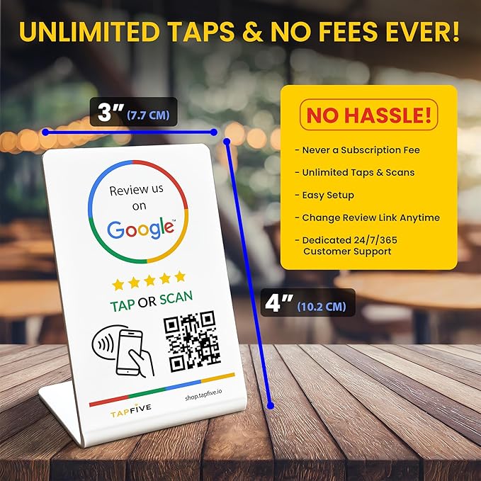 Tap Google Review Stands (3-Pack) Tap for Instant Reviews - All Phones Compatible - Reusable Smart Tap NFC & QR - Boost Business Reviews Zappy Fast - Powered (White, 3 Stands)