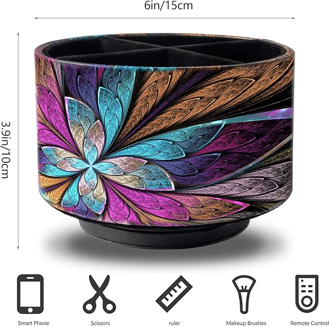 Remote Control Holder Round Leather Art Supply Organizer, PU Leather Pencil Stationery Desk Storage Makeup Organizer for Heater Controllers TV Remotes, 4 Compartments, 360 Degree Spinning