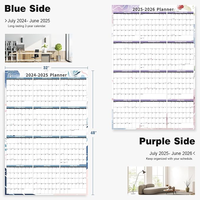 Ospelelf Dry Erase Wall Calendar 2024-2026 Large Laminated Calendar 48'' x 32'' Yearly Office Calendar, 24 Month Calendar, Use July 2024 - June 2026
