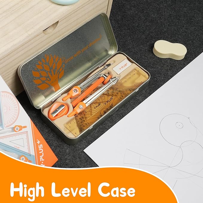 YPLUS Geometry Set for Students, Math Protractor Compass with Rulers, Box of Protactor Kit for Class Supplies and School, Christmas Stocking Stuffers for Kids Toddler 11 Pcs