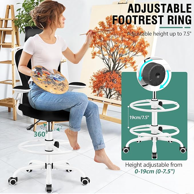 Drafting Chair, Tall Office Chair with 3D Lumbar & Head Support, Ergonomic Mesh Standing Desk Chair with Footring, Comfy Extended High Desk Chair with Flip-Up Arms & Hanger(White)