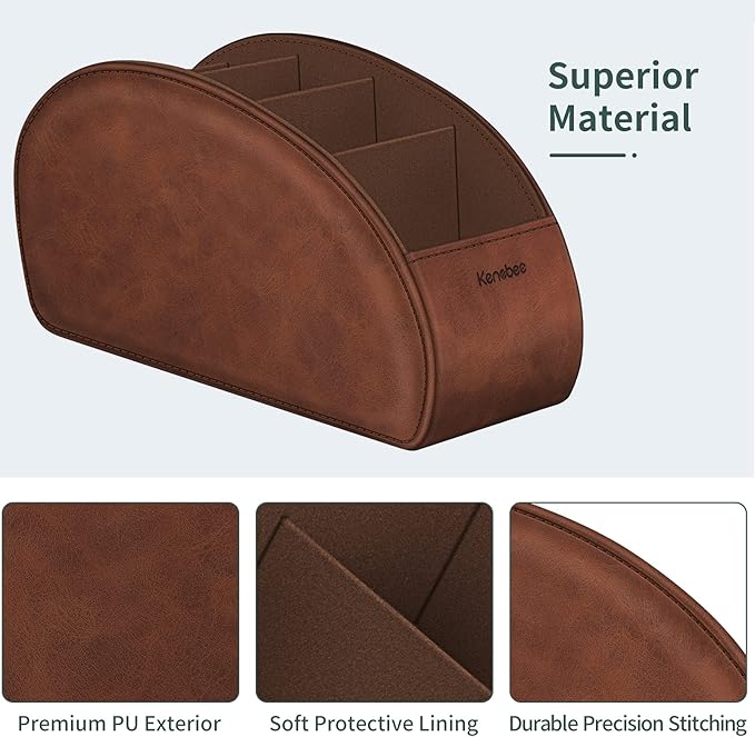 Remote Control Holder with 5 Compartments, KENOBEE Anti-slip Desktop Caddy Storage Organizer for Remote Controllers, Office Supplies, Makeup Brush, Media Accessories, Brown